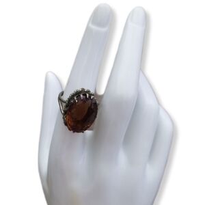 VINTAGE GERMAN ARTISAN MADE SILVERPLATED BRASS & AMBER COLOR GLASS STONE RING
